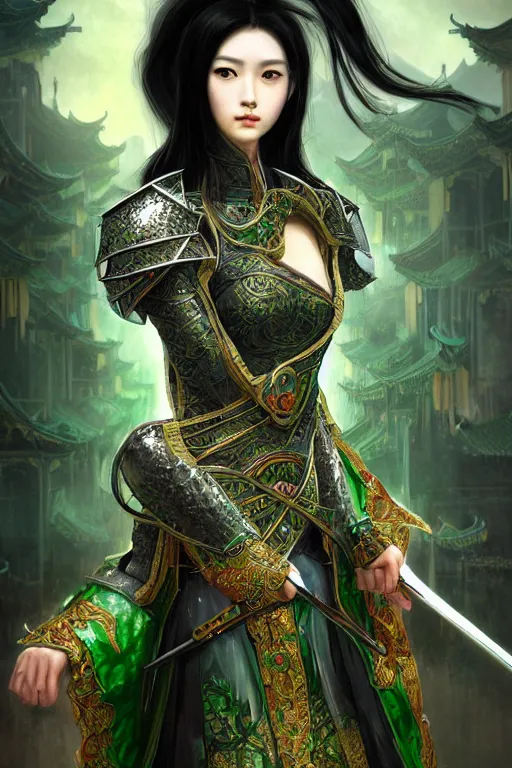 Image similar to portrait black hair young knights of Dynasty Warriors girl, metallic green armor, in ruin fire chinese palace sunrise, ssci-fi and fantasy, intricate and very beautiful and elegant, highly detailed, digital painting, artstation, concept art, smooth and sharp focus, illustration, art by tian zi and WLOP and alphonse mucha