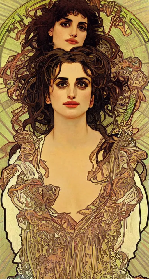 Image similar to portrait of penelope cruz, artwork by alphonse mucha