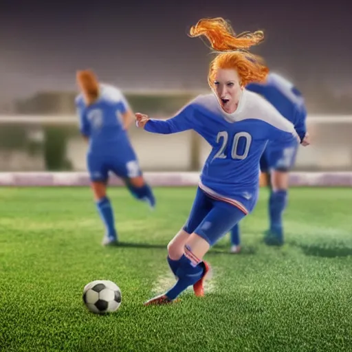 Image similar to Christina Hendricks as soccer player scoring goal, realistic, 4k,