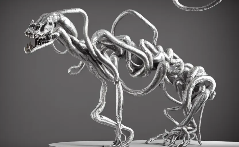 Image similar to stylized shiny polished silver statue full body extra limbs bizarre cosmic horror quadruped four legs made of marble of slug creature tendrils, perfect symmetrical body, perfect symmetrical face, hyper realistic, hyper detailed, by johannen voss, by michelangelo, octane render, blender, 8 k, displayed in pure white studio room