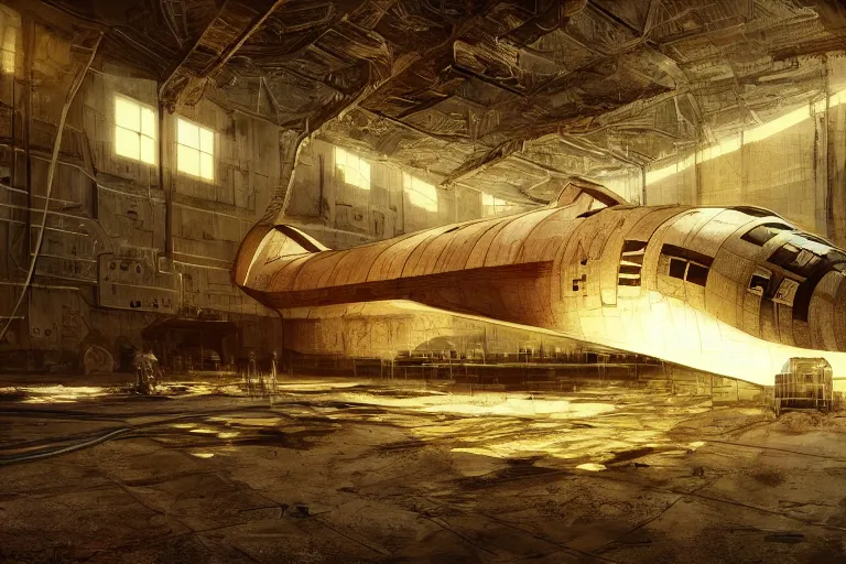 Image similar to a rusty space shuttle in the interior of an old abandoned sci - fi hangar an old oak tree grows inside the courtyard golden rays of sunlight enter through the window gold neon lights digital art trending artstation