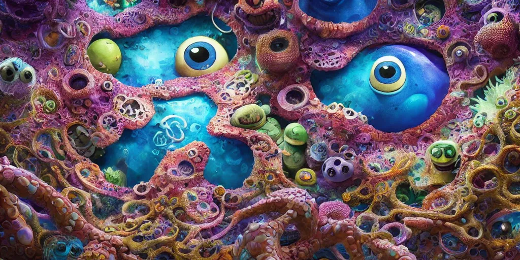 Image similar to of an intricate sea reef with strange cute friendly happy creatures with huge eyes, mouth, long tongue, round teeth and goofy face, appearing from the background, in the style of gehry and gaudi, macro lens, shallow depth of field, ultra detailed, digital painting, trending artstation, concept art, illustration, cinematic lighting, photorealism, epic, octane render