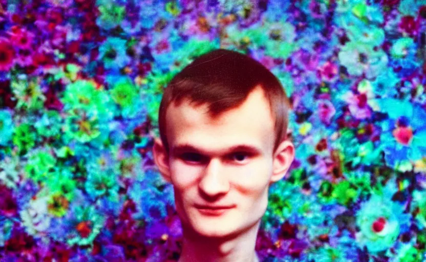 Prompt: a dreamy retro 8 0 s photo of vitalik buterin, bloomy, colorful, awesome, by dave mckean