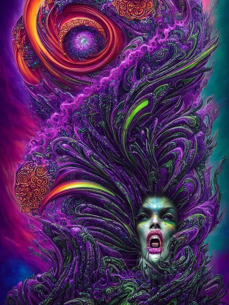 Image similar to depicting a wrathful technological nightmare monster god, in the style of lisa frank, exuberant organic elegant forms, by karol bak and filip hodas : : 1. 4 purple, red, blue, green, black intricate mandala explosions : : intuit art : : turbulent water backdrop : : damask wallpaper : : atmospheric