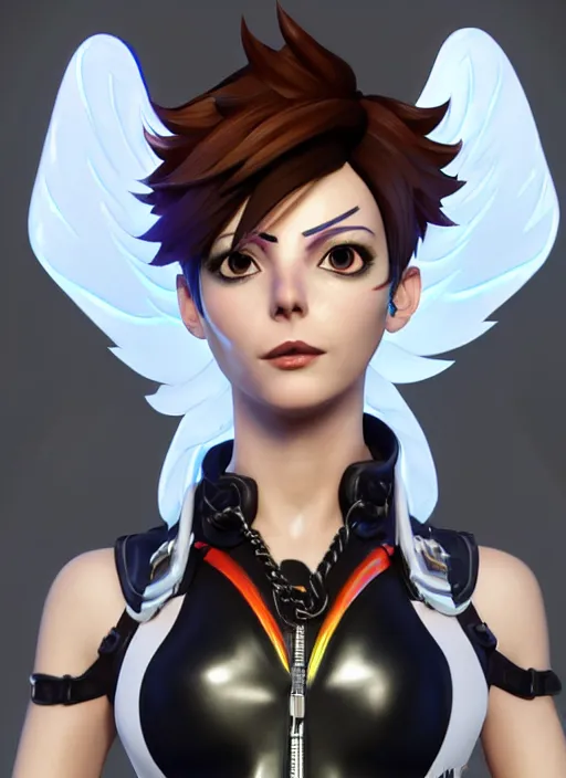 Image similar to portrait bust digital artwork of tracer overwatch, wearing white iridescent rainbow latex and leather straps catsuit outfit, 4 k, expressive happy smug expression, makeup, in style of mark arian, angel wings, wearing detailed black leather collar, chains, black leather harness, detailed face and eyes,