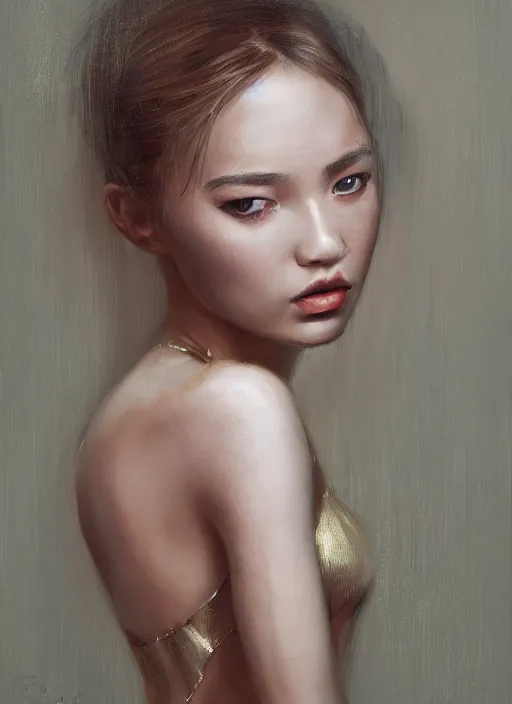 Image similar to girl portrait painting by WLOP, Andrei Riabovitchev, gold skin, transparent dress, highly detailed, harper's bazaar, vogue, magazine, concept art, ornate, luxury, elite, elegant, trending on artstation ,