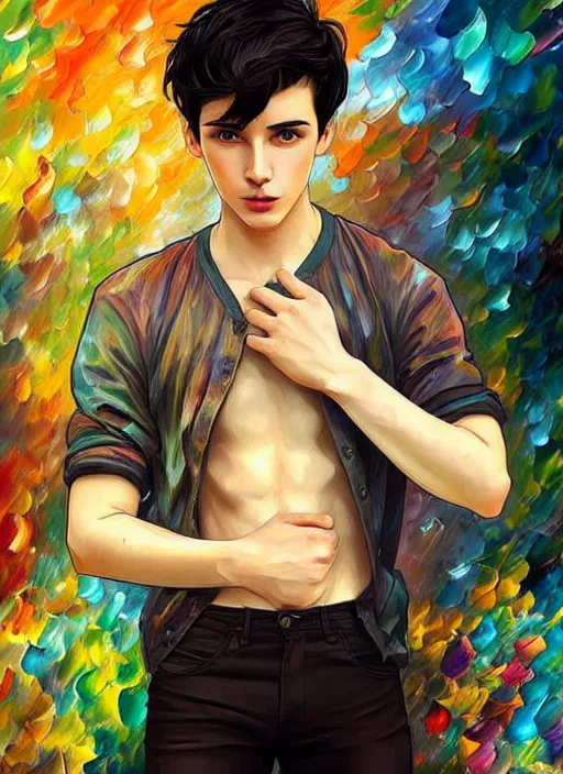 Image similar to handsome young man with short black hair, male, full detailed clothing, half body shot, arms down, path traced, highly detailed, high quality, digital painting, alena aenami, leonid afremov, lilia alvarado, shinji aramaki, karol bak, alphonse mucha, tom bagshaw