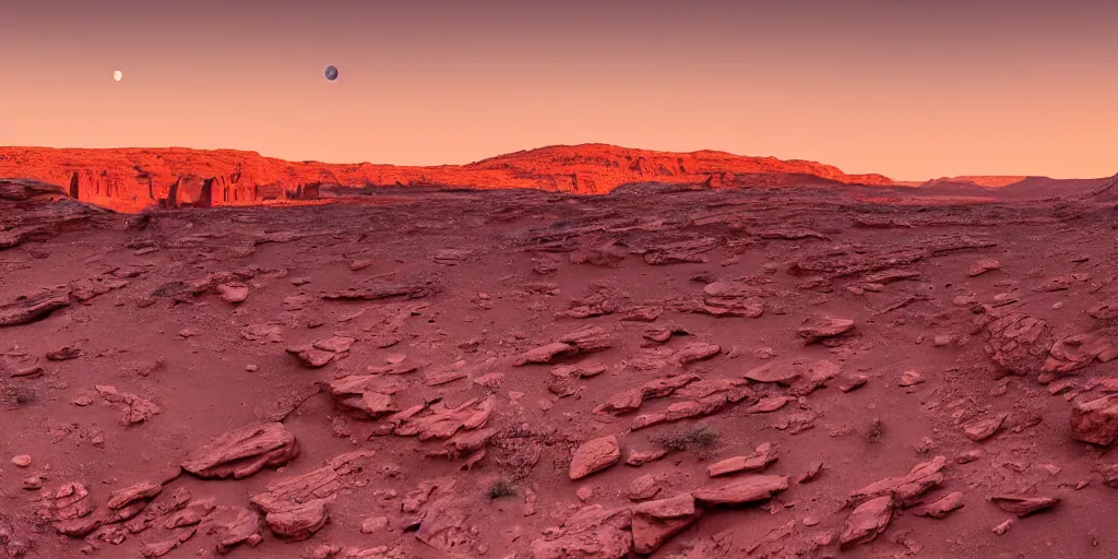 Image similar to a view looking out of a cave of a dried up river bend running through a canyon surrounded by desert mountains at sunset on mars, purple sky, two moons, planet mars, moab, utah, a tilt shift photo by frederic church, trending on unsplash, hudson river school, photo taken with provia, national geographic photo