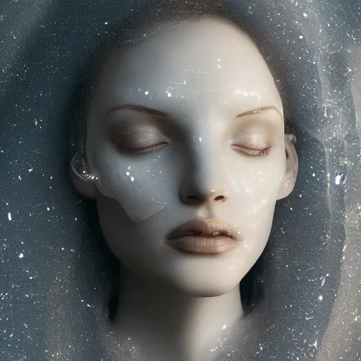 Prompt: abstract female face sculpture made of white marble and amethyst crystals quartz, ethereal lights, fine details, artstation. com, film still, cinematic photoshooting, luxury, strong wind, dark mood, sad, liquid acrylic painting, optical cables, cold colors, golden filigree, lens flares, octane render