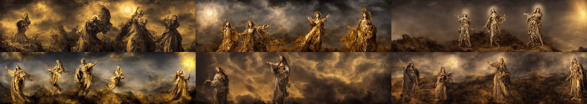 Prompt: golden metalic skeleton female saint with warm backlight, full body saint pose, white and black catholic virgin robe and cactus aureola, holding a rose. background: whirlpool of clouds forming a ring. sunset light. barren land beneath with serpents. apocalyptic. low angle. rembrandt style