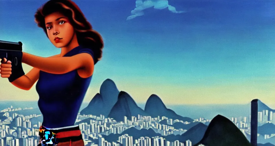 Image similar to 1 9 8 6 movie screencap of a girl with a gun on a rio de janeiro, gucci clothes, sparkes sky, beautiful favela background extremely utra high quality artwork 8 k