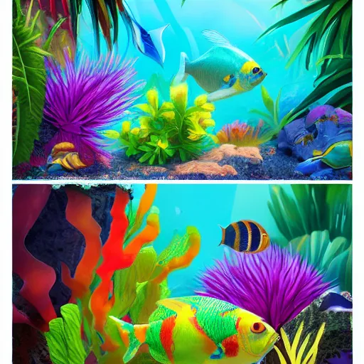 Image similar to a tropical fish in a world full of bright flowers and plants, warm lighting, trending on artstation, hdr