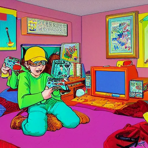 Image similar to kids playing nintendo, 90s bedroom, happy, colorful Epic portrait by james gurney and mœbius,