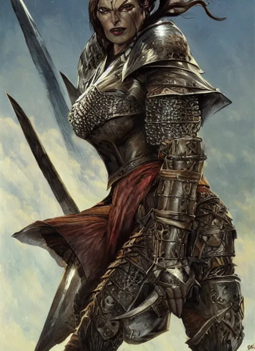 Image similar to a concept art painting of an furious female half - orc warrior wearing medieval brown leather armor, art by karol bak and mark brooks and argerm, centered