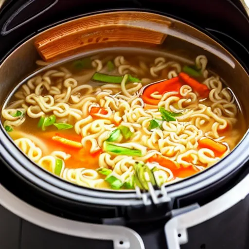 Prompt: Cooking ramen noodle soup in an airfryer, photo