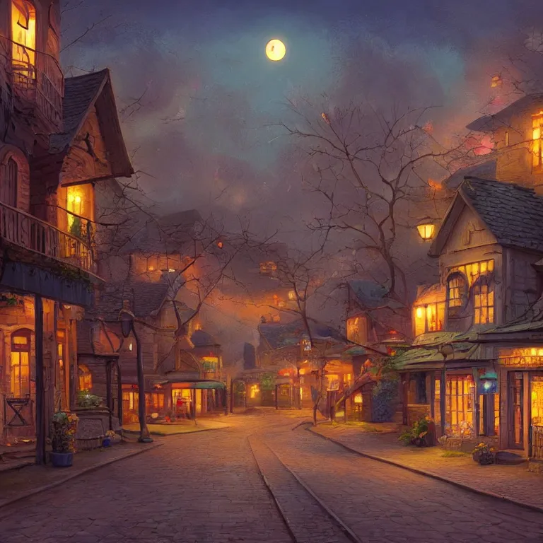 Image similar to town inspired by Evgeny Lushpin stores, cottages, streets, spring, midnight, full moon, cinematic,