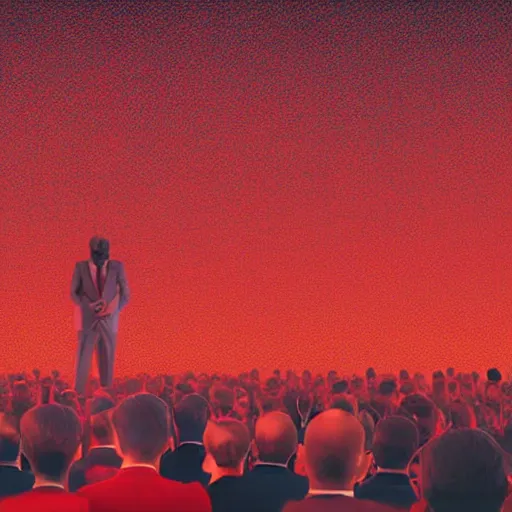 Prompt: Digital art of thousands of dickhead people\'s in suits are listening to a spermhead man on RED stage , photorealism, by Beeple