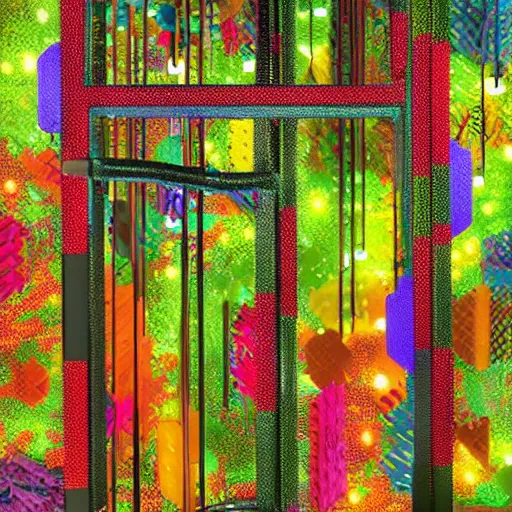 Image similar to lush enchanted forest interlocking with machines by salome totladze, bursts of color, beautiful