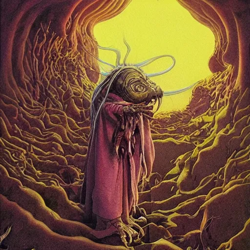 Prompt: the dark crystal movie, bloated, fluid, smooth, organic, crazy, bright, colours, tumours, high contrast, sharpness, dramatic, very detailed, intricate, by giger and corben and moebius and beksinski and bosch and bacon