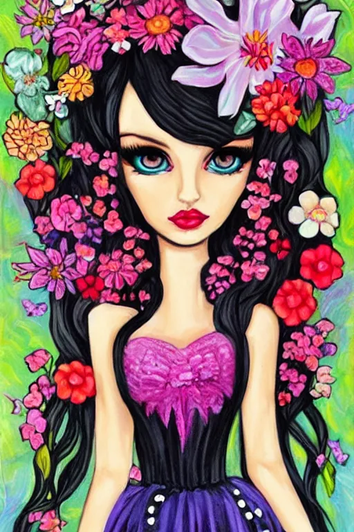 Image similar to portrait gothic barbie with flowers painted by jeremiah ketner