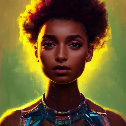 Prompt: ! dream electric yara shahidi, afrofuturism, cute - fine - face, pretty face, oil slick hair, realistic shaded perfect face, extremely fine details, realistic shaded lighting, dynamic background, oil painting, by greg rutkowski