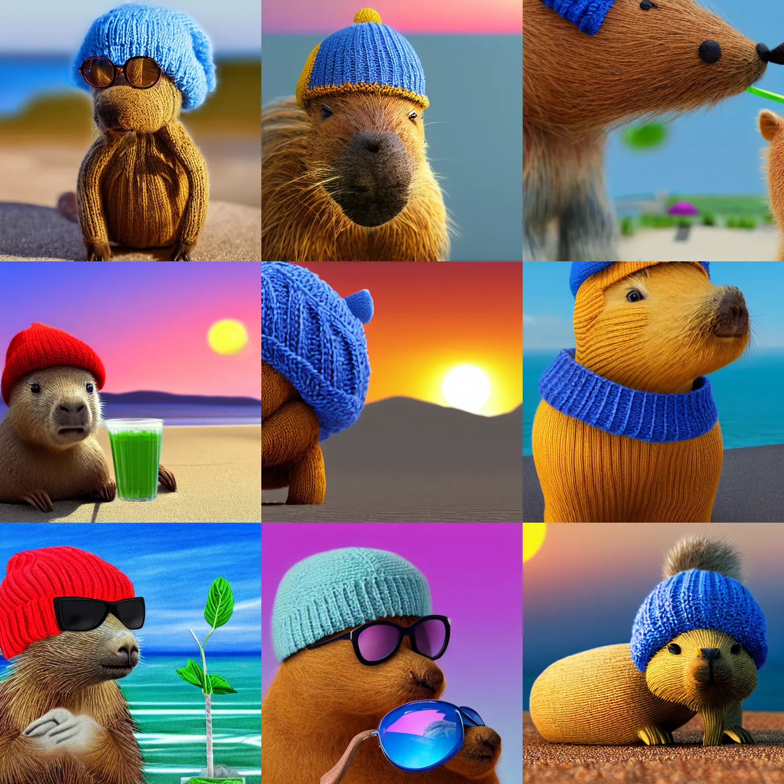 Prompt: a photorealistic picture of a knitted cute Capybara wearing sunglasses and dressed in a blue beanie cap. The Capybara is also sipping out of a refreshing mojito drink at the beach during sunset. The image is Trending on Artstation, featured on Behance, well-rendered, fine detail, extra crisp image, Unreal Engine, 4K HD