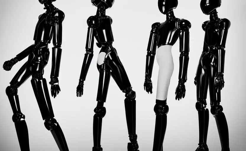 Prompt: gleaming black construction robots designed by alexander mcqueen, award winning fashion photography, beautiful soft lighting