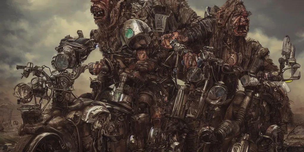 Image similar to psychedelic post apocalyptic orcish biker gang, incredibly detailed, sharp focus, artstation, cgsociety