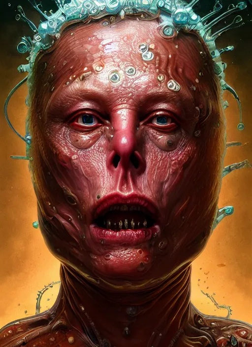 Image similar to elon musk as mollusk, slime, drool, portrait, intricate, elegant, highly detailed, digital painting, artstation, concept art, wallpaper, smooth, sharp focus, illustration, art by h. r. giger and artgerm and greg rutkowski and alphonse mucha