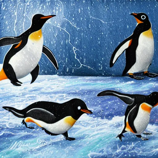 Image similar to penguins running away from lightening strikes while running on ice,, highly detailed, high quality, 8 k, soft lighting, art by mary jackson