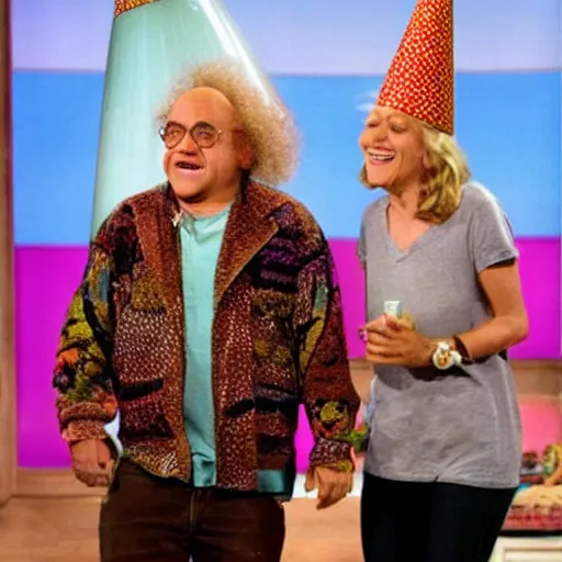 Prompt: danny devito hippy guest appearance on the elen degeneres show, plastic mannequins with cone shaped heads in the crowd, highly detailed facial expressions