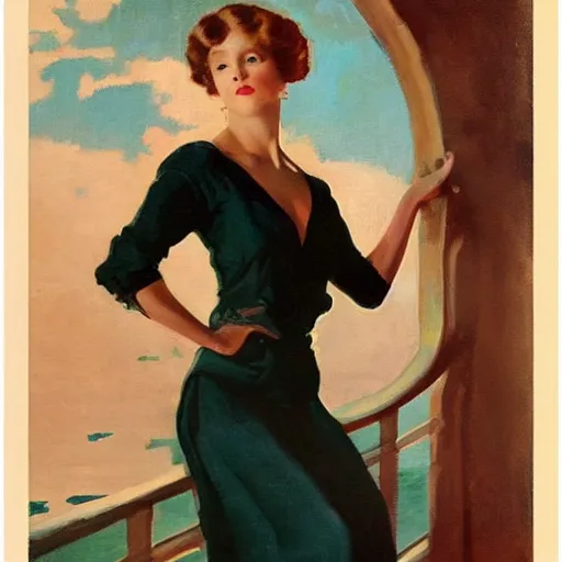 Prompt: woman on black dress, part leyendecker style, sea behind, pretty face, part dean cornwell style