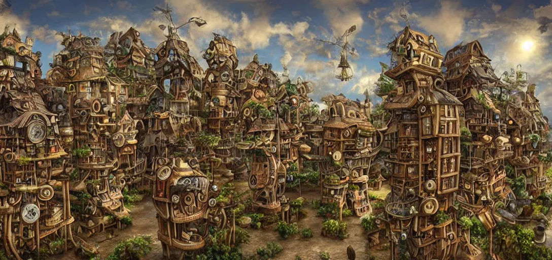 Image similar to a steampunk village built on stilts in the clouds, by Naoto Hattori,