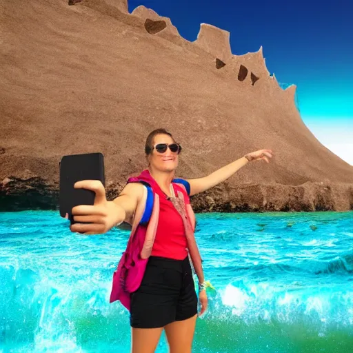 Image similar to selfi stick photography of an annoying tourist visiting atlantis during the catastrophic tilad wave, highly detailed, photorealistic