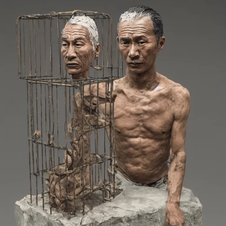 Prompt: hyperrealistic sculpture of a fossilized bronze male uyghur prisoner in a cage made of low poly acrylic on a pedestal by ron mueck and duane hanson and lee bontecou and baselitz, hyperrealistic dramatic colored lighting trending on artstation 8 k