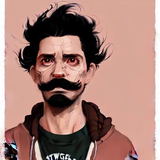 Prompt: highly detailed portrait of a sewer punk guy worker, thirties, black hair, brown eyes, small mustache, tartan hoody, short curly hair by atey ghailan, by greg rutkowski, by greg tocchini, by james gilleard, by joe fenton, by kaethe butcher, gradient pink, brown, light blue and white color scheme,