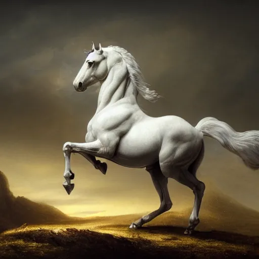 Prompt: a masterpiece matte painting of a white horse, by gustav dore and paul barson, 8 k, uhd, cgsociety, trending on artstation, a man riding on the horse with eyes like flames, many crowns upon his head, a robe dipped in blood