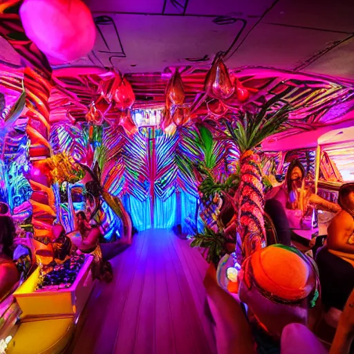 Prompt: vice media photo, inside a crowded luxury stylish high-end gorgeous intricate highly-themed synthwave tiki party onboard a yacht with low ceilings, tropical plants, neon lights, blue color scheme with pink and orange accents, crowd of people dancing, ultra-detailed, 8k, photorealistic