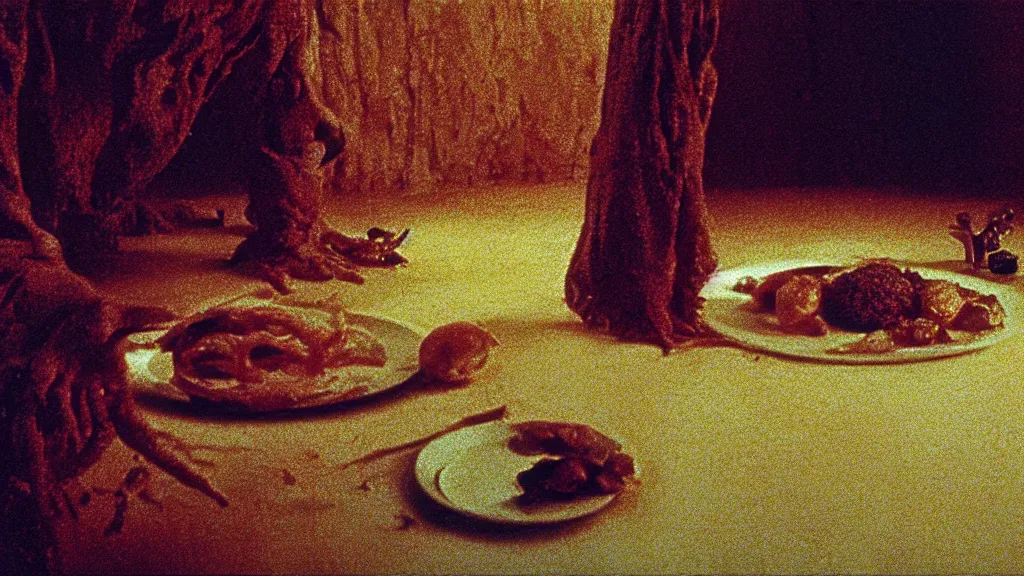 Prompt: the face with the plate of food under my bed, film still from the movie directed by denis villeneuve and david cronenberg with art direction by salvador dali and zdzisław beksinski, wide lens