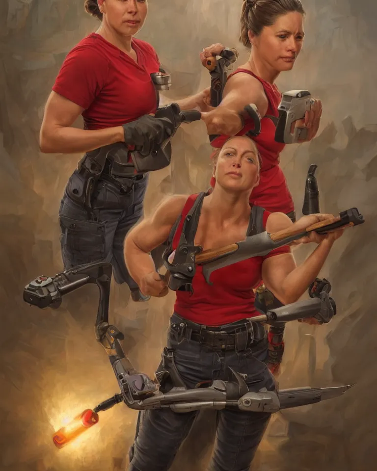 Image similar to epic portrait a slightly muscular woman wearing short sleeved uniform and carrying a red power tool drill, detailed, centered, digital painting, artstation, concept art, donato giancola, Joseph Christian Leyendecker, WLOP, Boris Vallejo, Breathtaking, 8k resolution, extremely detailed, beautiful, establishing shot, artistic, hyperrealistic, beautiful face, octane render