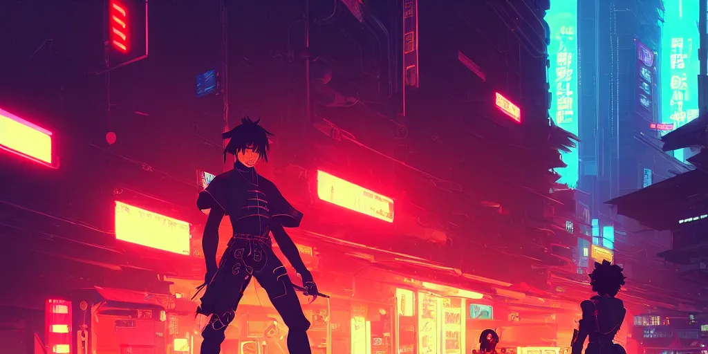 Image similar to digital illustration closeup of cyberpunk samurai in city street at night by makoto shinkai, ilya kuvshinov, lois van baarle, rossdraws, basquiat | afrofuturism, in the style of hearthstone, trending on artstation | cool color scheme