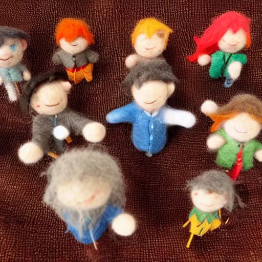 Image similar to felt point figures of bilbo's birthday party, gandalf, fireworks, frodo, pippin, merry, cute, tilt shift, award winning, highly textured