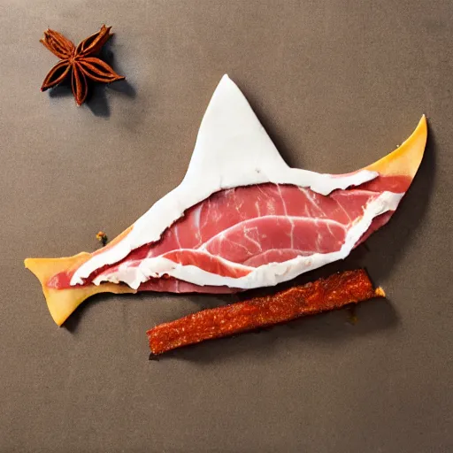 Prompt: Shark made from spiced ham