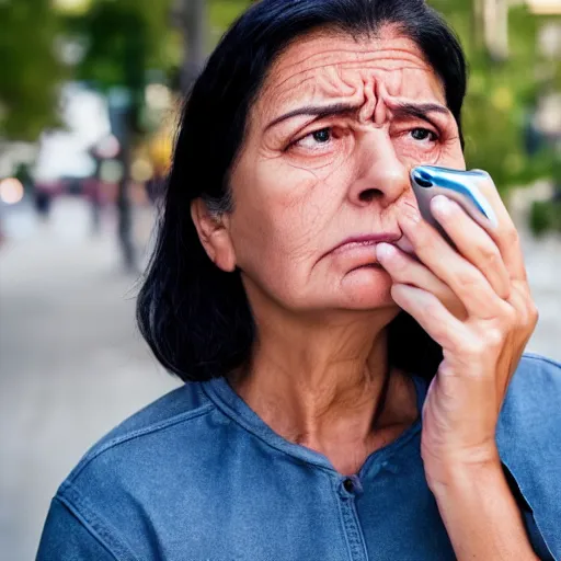 Image similar to astonished and angry middle aged lady looking at smartphone, unsure expression, greek ethnicity, thin face structure, uncombed straight grey black hair, angry eyes, photo, realistic, outdoor lighting, 4 k, 8 k, hd, 3 9 mm lens