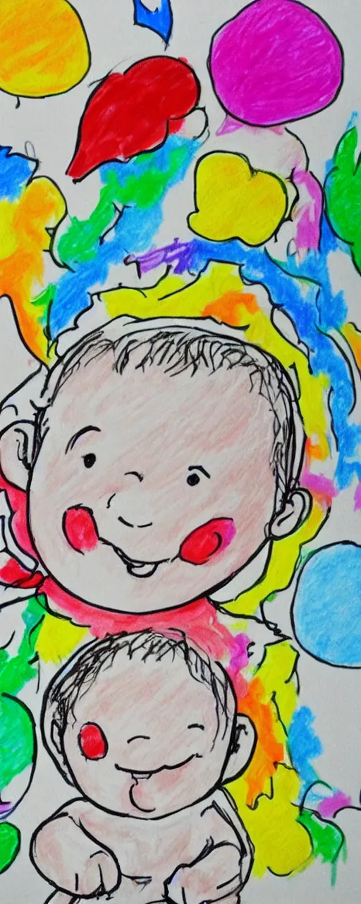 Prompt: a baby's awkward crayonlinedrawing of being happy