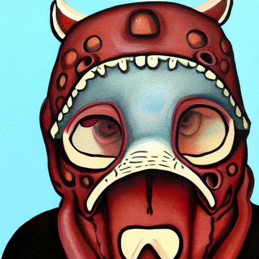 Image similar to man wearing axolotl mask. detailed painting by derek riggs.