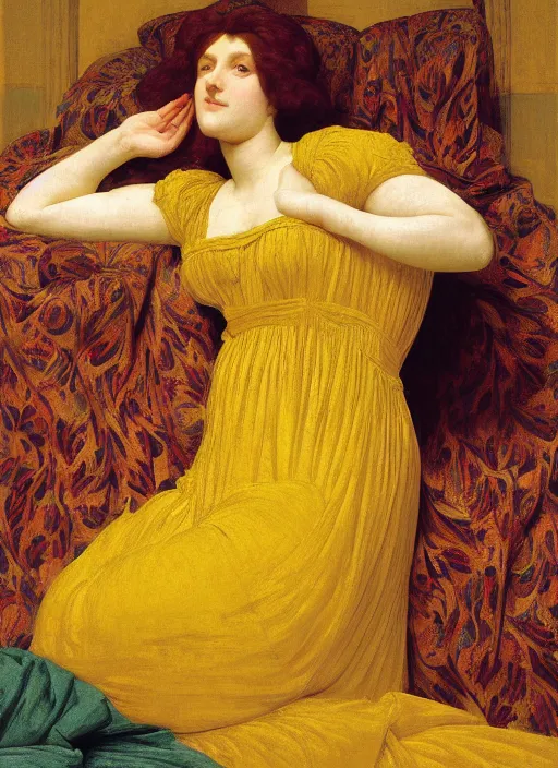 Image similar to masterpiece portrait of lady reclining on bed wearing yellow ochre ornate medieval dress, vertical, foreshortening, colour photography by frederic leighton, william morris, 8 k