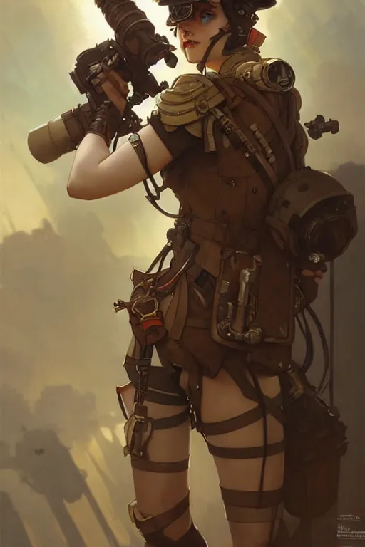 Prompt: dieselpunk soldier girl, helmet, shoulders, chest, portrait, armored, illustrations by wlop and alfons maria mucha and craig mullins and loish and rossdraws and artgerm