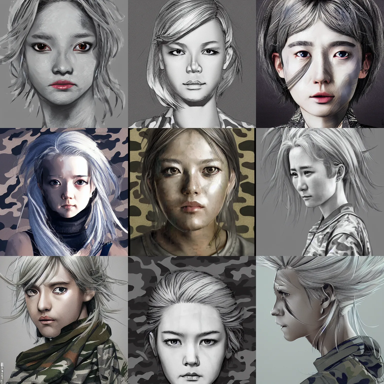 Prompt: silver hair girl, multicam camo, cinematic portrait, ilustration by Takehiko Inoue