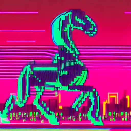 Image similar to A synthwave horse inspired by Tron. Trending on Artstation. Digital screenshot. Faded film grain. 1980s Computer Graphics